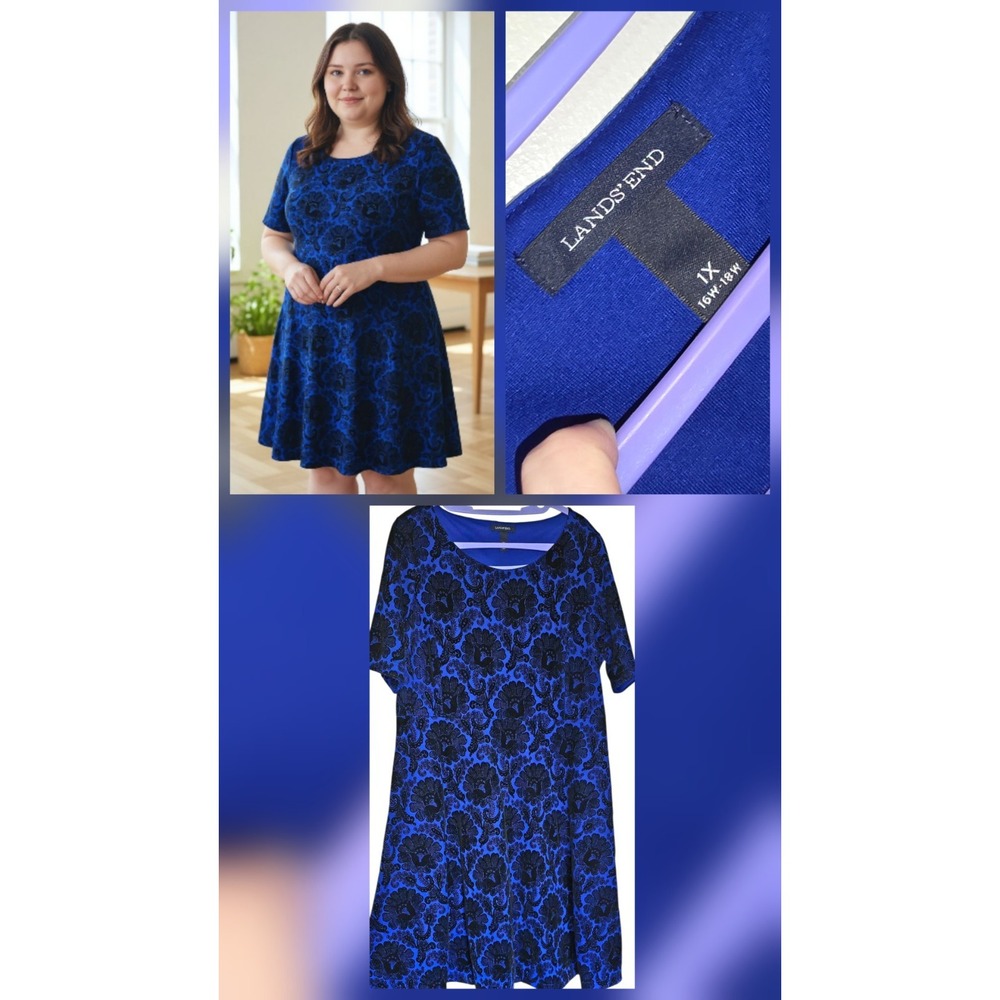Lands End‎ Ponte Dress Size 1x 18/20  Royal Blue Floral Flocked Velvet Event